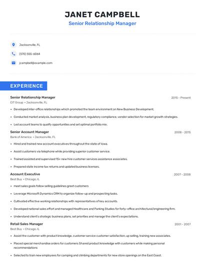 Senior Relationship Manager Resume