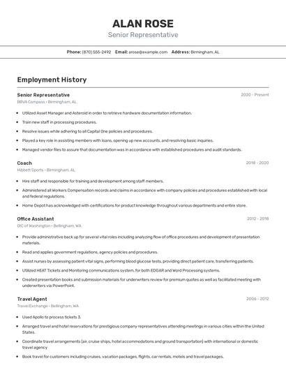 Senior Representative Resume