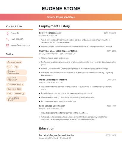 Senior Representative Resume