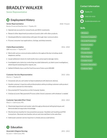 Senior Representative Resume