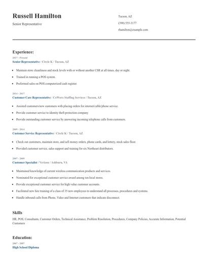 Senior Representative Resume