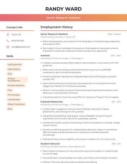 Senior Research Assistant Resume