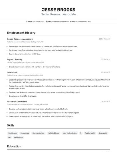 Senior Research Associate Resume
