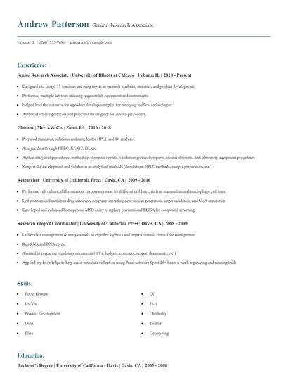 Senior Research Associate Resume