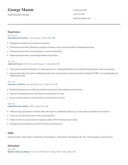 Senior Research Associate Resume