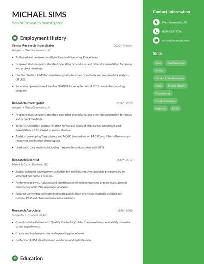 Senior Research Investigator Resume