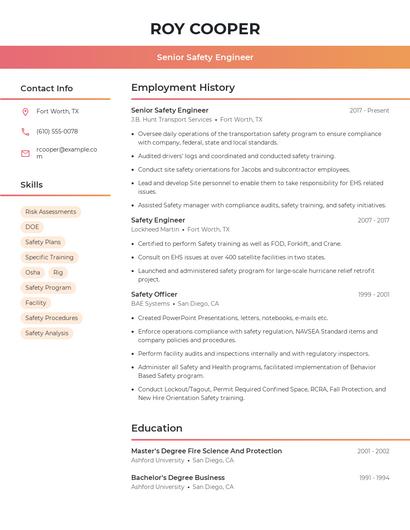 Senior Safety Engineer Resume