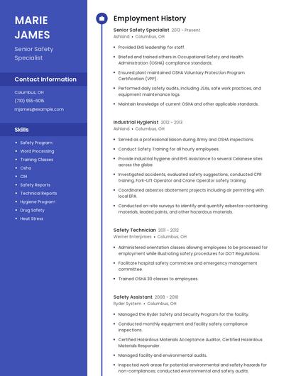 Senior Safety Specialist Resume