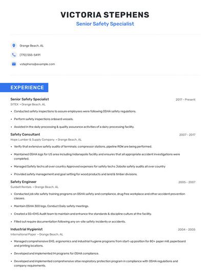 Senior Safety Specialist Resume