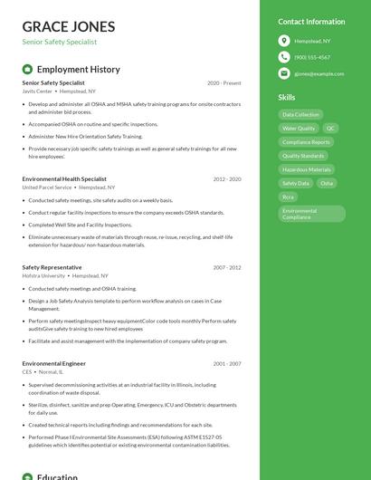 Senior Safety Specialist Resume