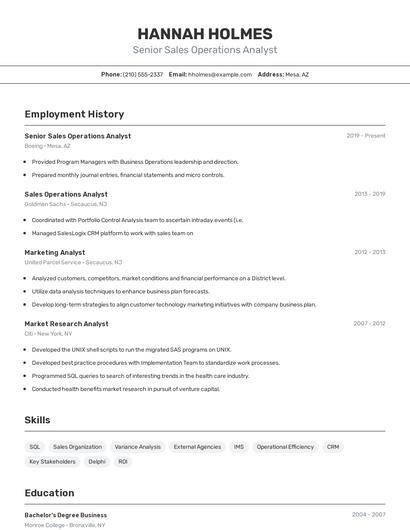 Senior Sales Operations Analyst Resume