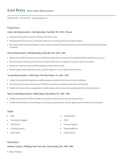 Senior Sales Representative Resume