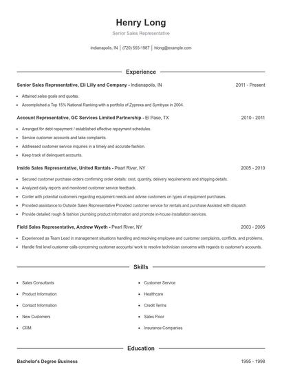 Senior Sales Representative Resume