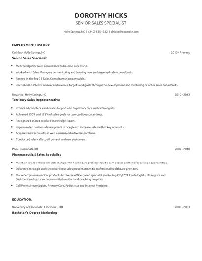 Senior Sales Specialist Resume