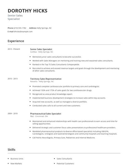 Senior Sales Specialist Resume