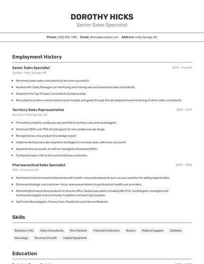 Senior Sales Specialist Resume