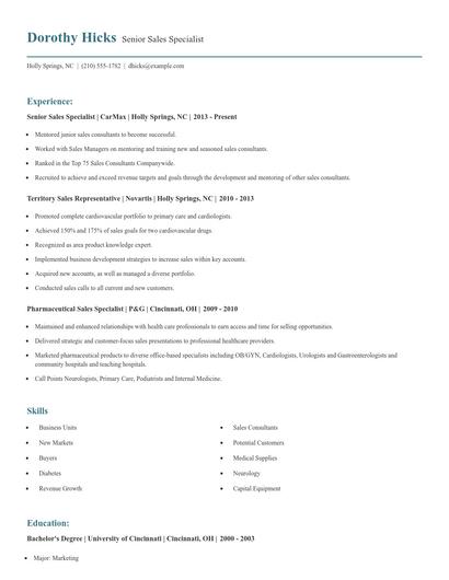 Senior Sales Specialist Resume