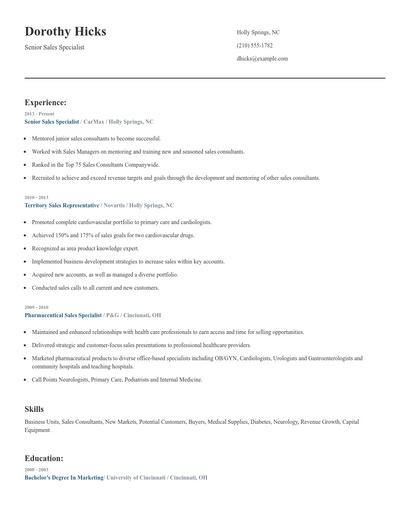 Senior Sales Specialist Resume