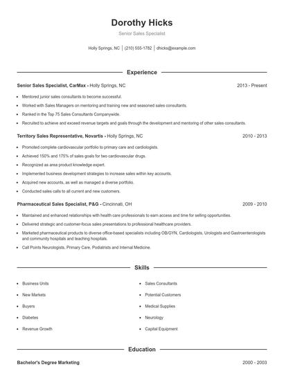 Senior Sales Specialist Resume
