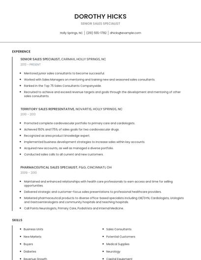 Senior Sales Specialist Resume