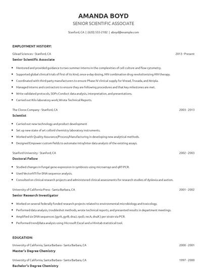Senior Scientific Associate Resume