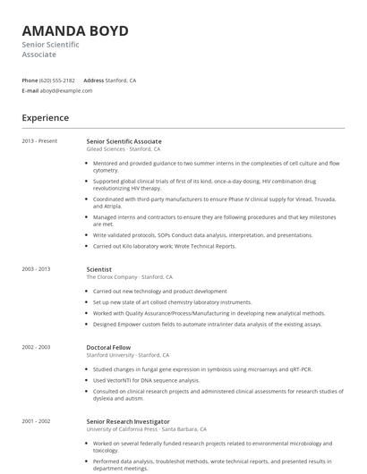 Senior Scientific Associate Resume