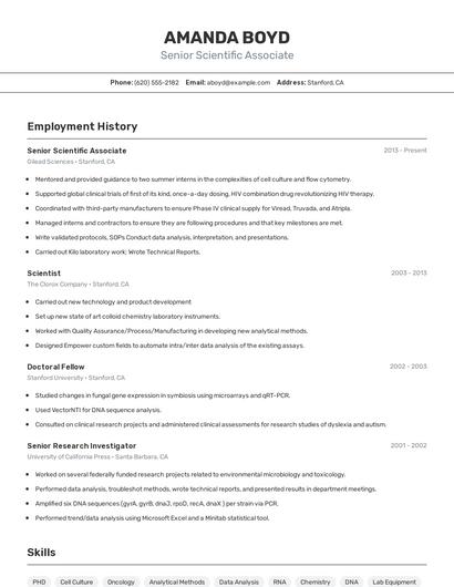 Senior Scientific Associate Resume