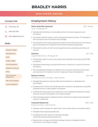 Senior Scientific Associate Resume