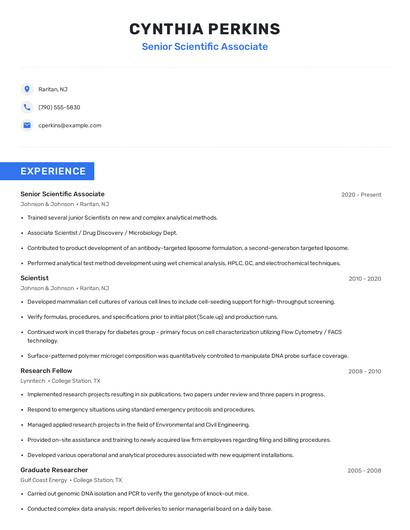 Senior Scientific Associate Resume
