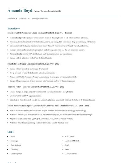 Senior Scientific Associate Resume