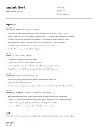 Senior Scientific Associate Resume