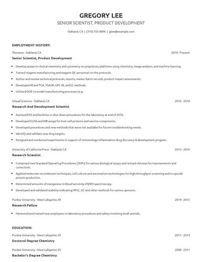 Senior Scientist, Product Development Resume