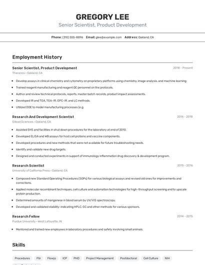 Senior Scientist, Product Development Resume