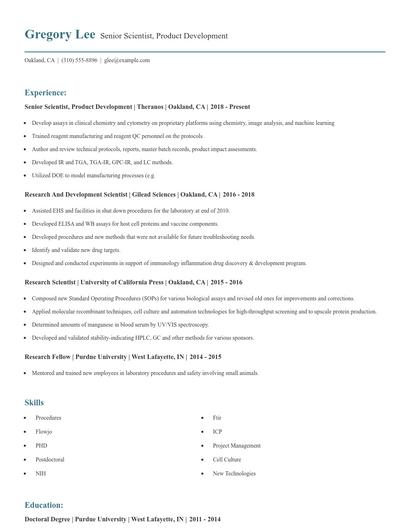 Senior Scientist, Product Development Resume