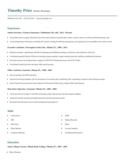 Senior Secretary Resume