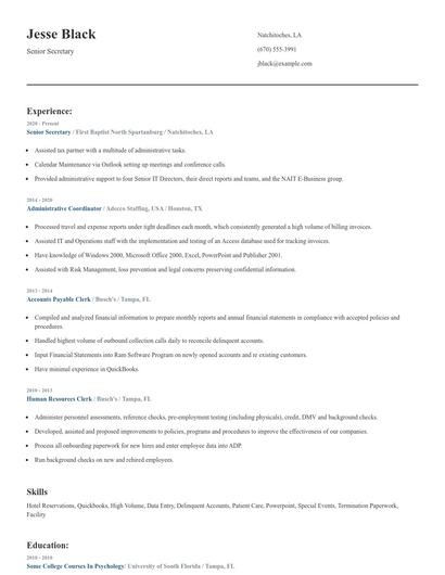 Senior Secretary Resume