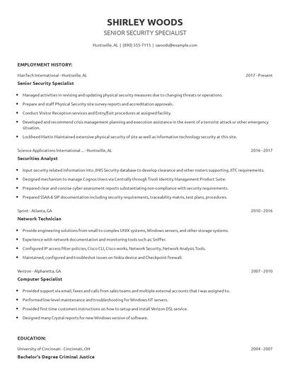 Senior Security Specialist Resume