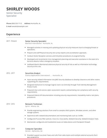 Senior Security Specialist Resume