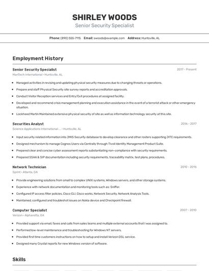 Senior Security Specialist Resume