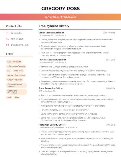 Senior Security Specialist Resume