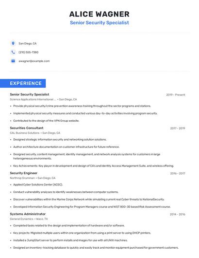 Senior Security Specialist Resume