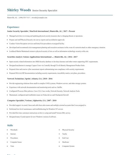 Senior Security Specialist Resume