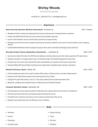Senior Security Specialist Resume