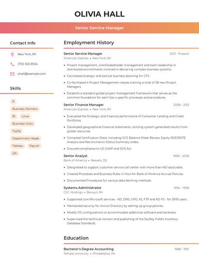 Senior Service Manager Resume