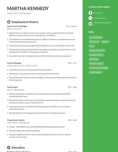 Senior Service Manager Resume