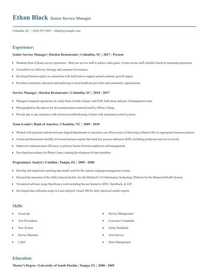 Senior Service Manager Resume