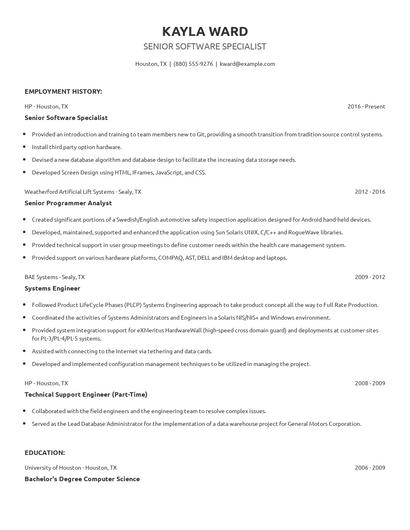 Senior Software Specialist Resume