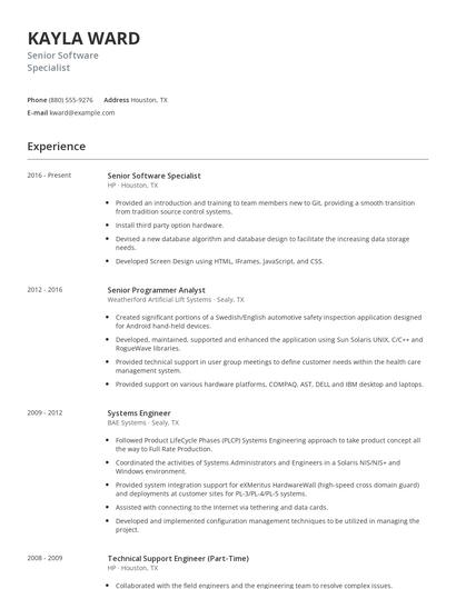 Senior Software Specialist Resume
