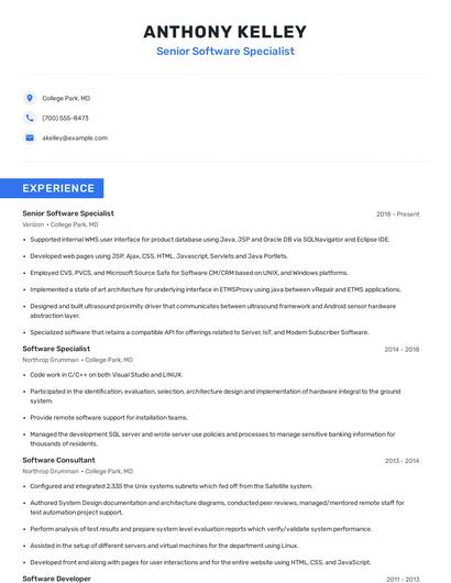 Senior Software Specialist Resume