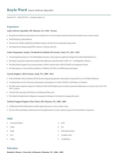 Senior Software Specialist Resume